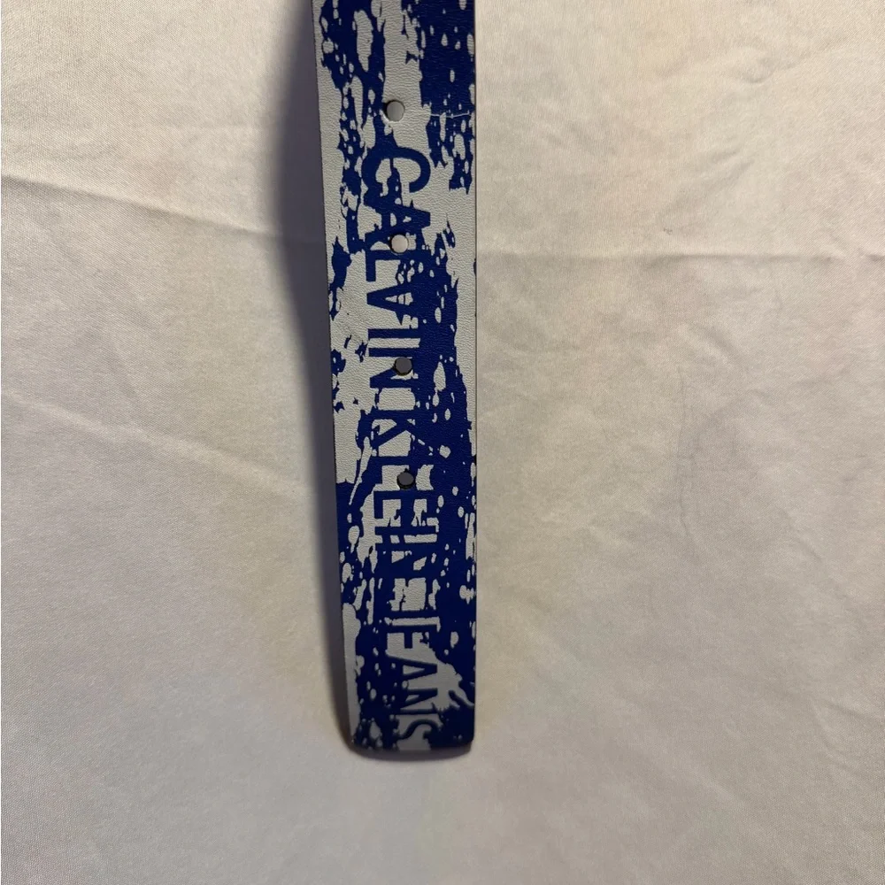 NWT!! Calvin Klein Blue Leather Belt with White Paint-Splatter Detail Sz S